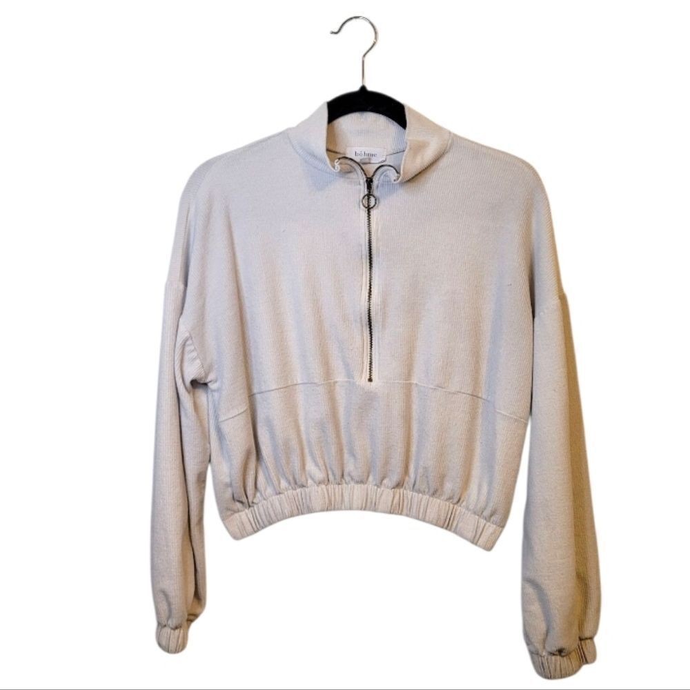 Bohme Women's Cream Ribbed Cropped Quarter Zip Pullover Size XS